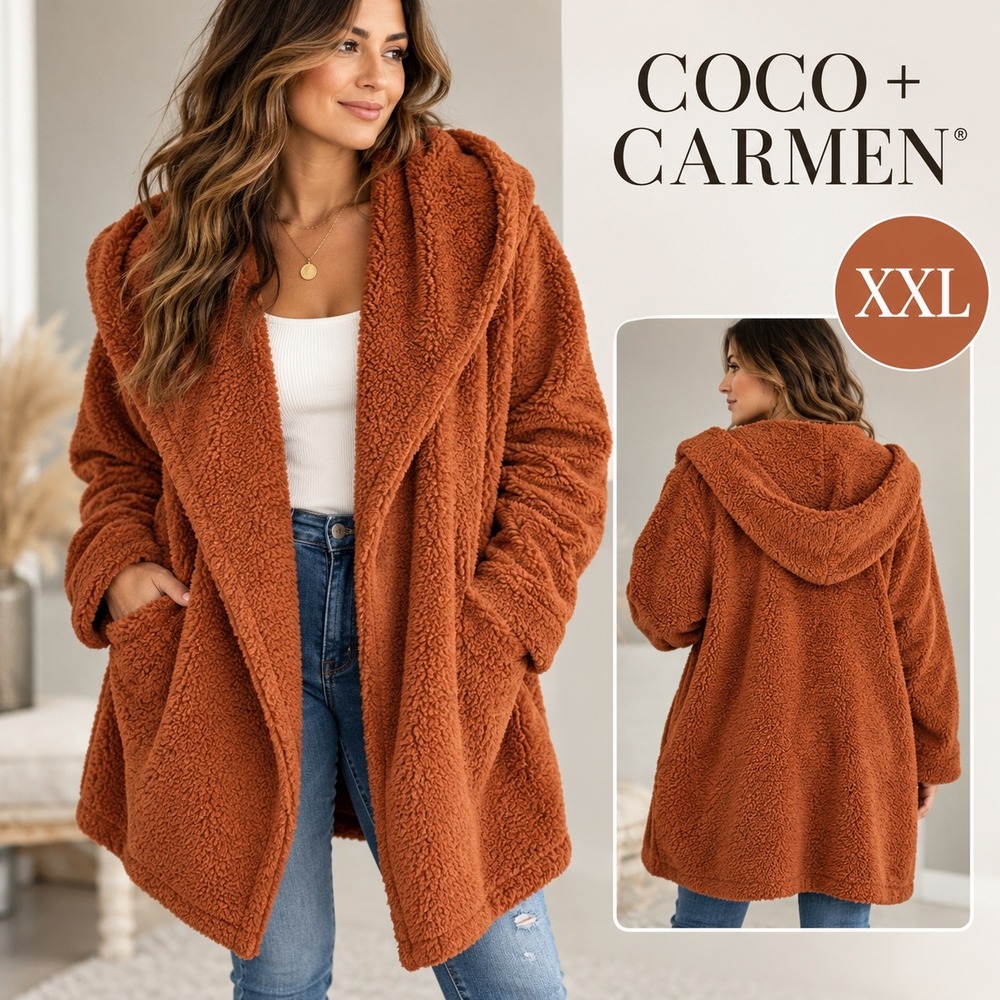 Coco‎ + Carmen Sherpa Fleece Hooded Cardigan XXL Rust 


Open Front Teddy Coat